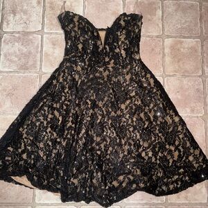 Large Windsor Strapless Plunge Neck Black Lace Overlay with Sequins Dress. NWOT